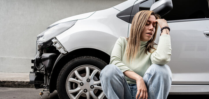 Young woman worried after crash the car at city street